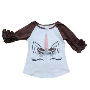 Girls Football Unicorn White Brown Ruffle 3/4 Sleeve Top Shirt Tailgate Sz Small